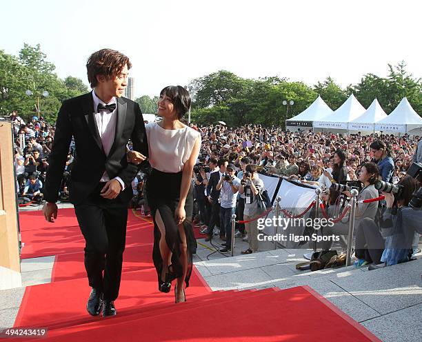 Shin Sung-Rok and Jeong Eun-Jee of A pink attend the 50th Paeksang Arts Awards at Grand Peace Palace in Kyung Hee University on May 27, 2014 in...