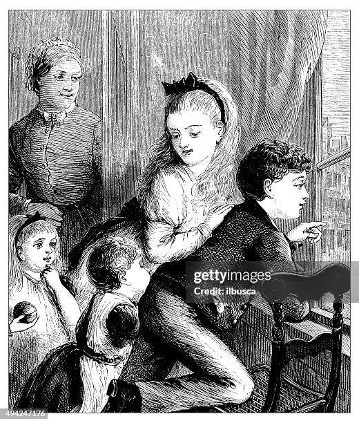 antique illustration of domestic scene - looking through window stock illustrations