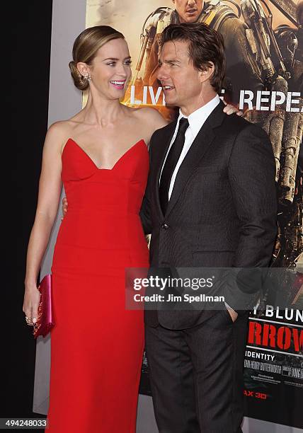 Actors Emily Blunt and Tom Cruise attend the "Edge Of Tomorrow" red carpet repeat fan premiere tour at AMC Loews Lincoln Square on May 28, 2014 in...