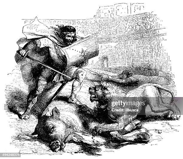 ilustraciones, imágenes clip art, dibujos animados e iconos de stock de gladiator antiguas medio de matanza, junto al león - lion-fight-drawing