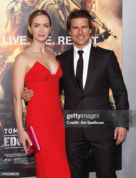 Actors Emily Blunt and Tom Cruise attend the "Edge Of Tomorrow" red carpet repeat fan premiere tour at AMC Loews Lincoln Square on May 28, 2014 in...