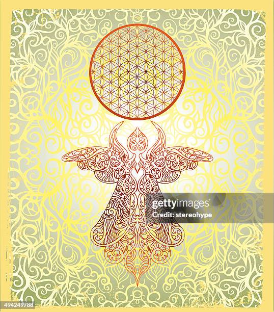 ilustraciones, imágenes clip art, dibujos animados e iconos de stock de flor de la vida angel - geometría sagrada