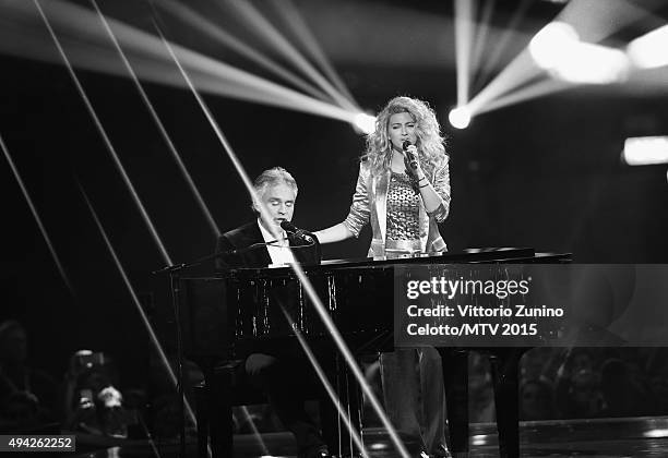 An alternative view of Andrea Bocelli and Tori Kelly as they perform on stage during the MTV EMA's 2015 at the Mediolanum Forum on October 25, 2015...