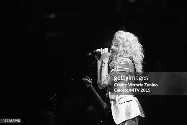 An alternative view of Tori Kelly as she performs on stage during the MTV EMA's 2015 at the Mediolanum Forum on October 25, 2015 in Milan, Italy.