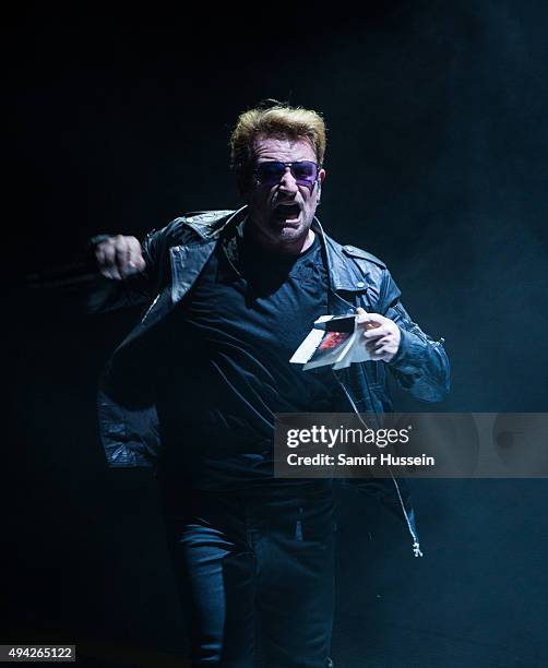 Bono of U2 performs at The O2 Arena as part of their iNNOCENCE + eXPERIENCE tour on October 25, 2015 in London, England.