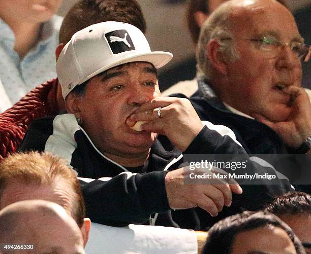 Diego Maradona attends the 2015 Rugby World Cup Semi Final match between Argentina and Australia at Twickenham Stadium on October 25, 2015 in London,...