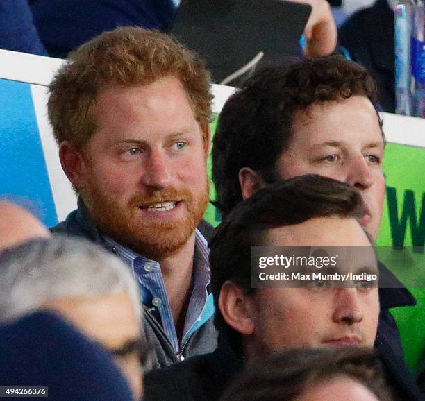 Prince Harry attends the 2015 Rugby World Cup Semi Final match between Argentina and Australia at Twickenham Stadium on October 25, 2015 in London,...