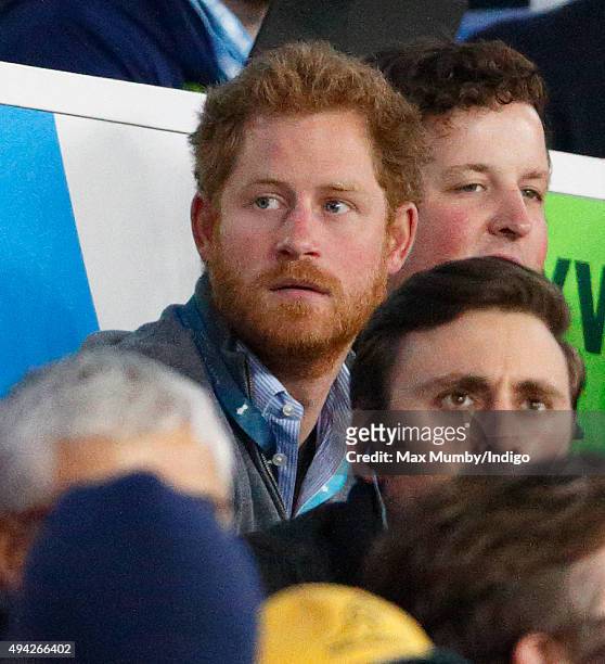 Prince Harry attends the 2015 Rugby World Cup Semi Final match between Argentina and Australia at Twickenham Stadium on October 25, 2015 in London,...