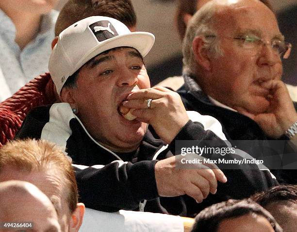 Diego Maradona attends the 2015 Rugby World Cup Semi Final match between Argentina and Australia at Twickenham Stadium on October 25, 2015 in London,...