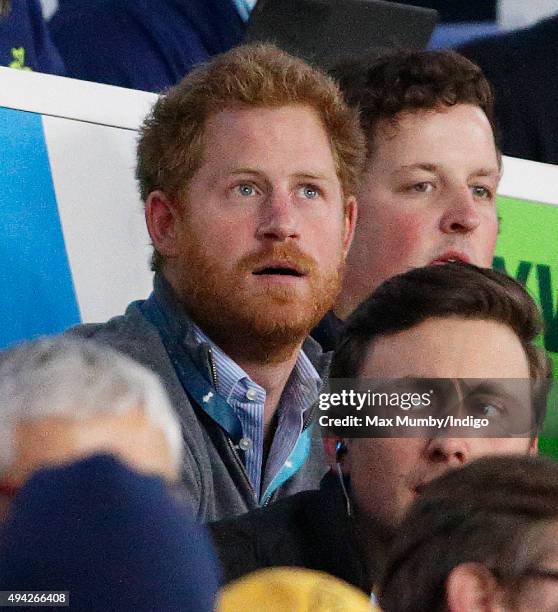 Prince Harry attends the 2015 Rugby World Cup Semi Final match between Argentina and Australia at Twickenham Stadium on October 25, 2015 in London,...