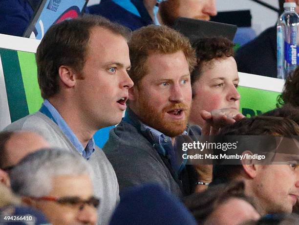 Prince Harry attends the 2015 Rugby World Cup Semi Final match between Argentina and Australia at Twickenham Stadium on October 25, 2015 in London,...