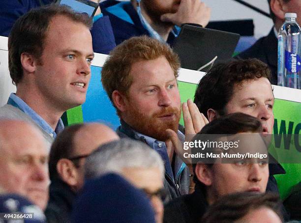 Prince Harry attends the 2015 Rugby World Cup Semi Final match between Argentina and Australia at Twickenham Stadium on October 25, 2015 in London,...