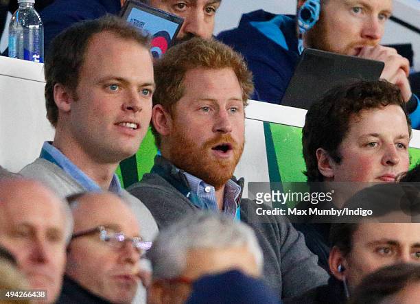 Prince Harry attends the 2015 Rugby World Cup Semi Final match between Argentina and Australia at Twickenham Stadium on October 25, 2015 in London,...