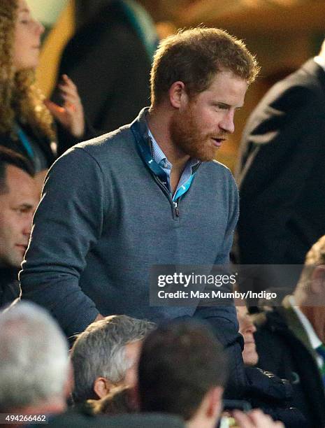 Prince Harry attends the 2015 Rugby World Cup Semi Final match between Argentina and Australia at Twickenham Stadium on October 25, 2015 in London,...