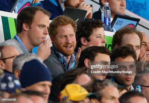 Prince Harry attends the 2015 Rugby World Cup Semi Final match between Argentina and Australia at Twickenham Stadium on October 25, 2015 in London,...