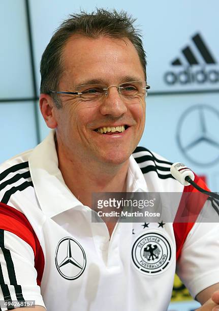 Team doctor Tim Meyer talks to the media during the German National team press conference at St.Martin press cente on May 29, 2014 in St. Martin in...