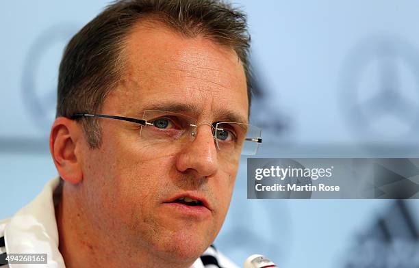 Team doctor Tim Meyer talks to the media during the German National team press conference at St.Martin press cente on May 29, 2014 in St. Martin in...