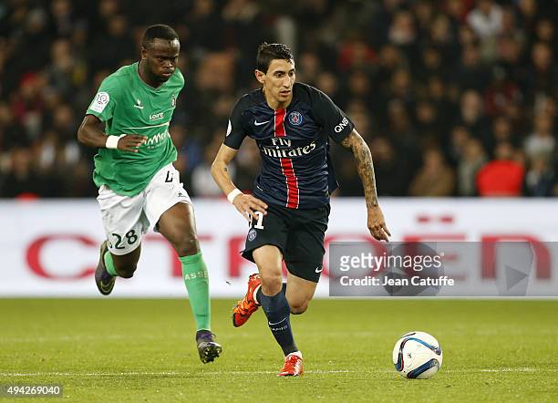 Angel Di Maria of Paris Saint-Germain and Ismael Diomande of Saint-Etienne in action during the French Ligue 1 match between Paris Saint-Germain and...