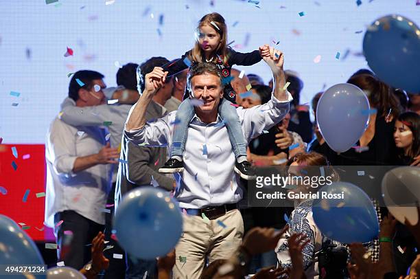 Mauricio Macri Presidential Candidate for Cambiemos celebrates with his daughter Antonia Macri after the general elections at Cambiemos Bunker on...