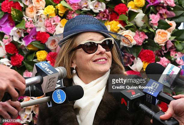 Trainer Gai Waterhouse speaks to the media during the 2015 Melbourne Cup Carnival Launch at Flemington Racecourse on October 26, 2015 in Melbourne,...