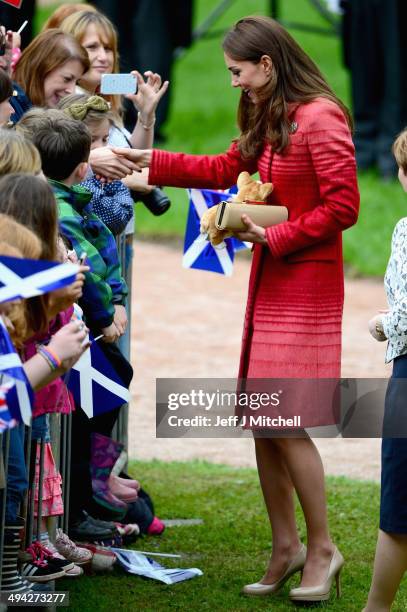 Catherine, Duchess of Cambridge greets fans at MacRostyy Park on May 29, 2014 in Crieff, Scotland. The Duke and Duchess of Cambridge will spend today...