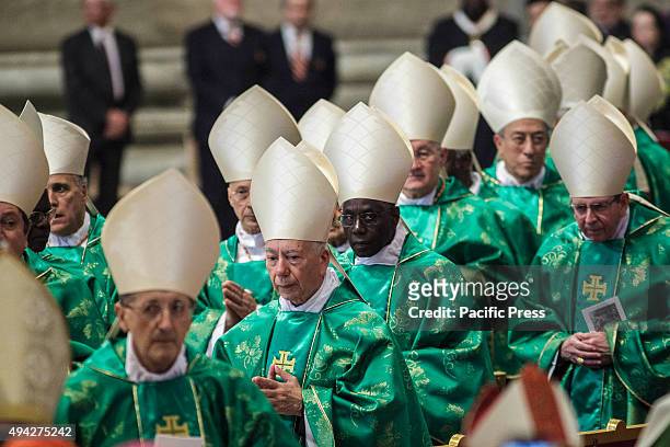 Bishops leaves at the end of a Holy Mass for the 14th Ordinary General Assembly of the Synod of Bishops at St Peter's Basilica in Vatican. Pope...