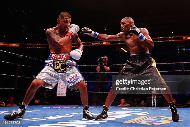 Aron Martinez and Devon Alexander square off during the main event welterweight bout at Gila River Arena on October 14, 2015 in Glendale, Arizona.