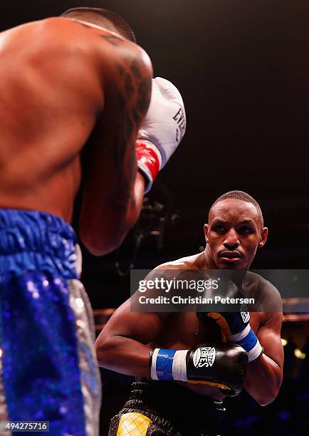 Aron Martinez and Devon Alexander square off during the main event welterweight bout at Gila River Arena on October 14, 2015 in Glendale, Arizona.