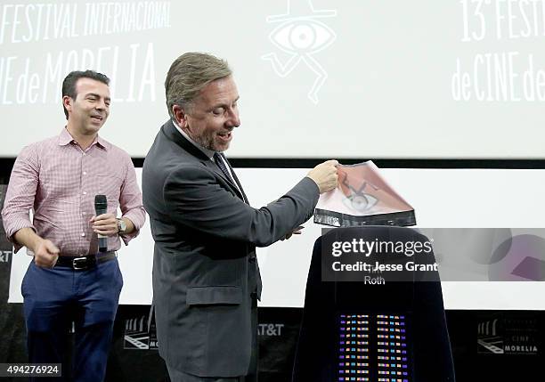 Actor/director Tim Roth with the President of The Morelia International Film Festival, Alejandro Ramirez Magana is honored at The 13th Annual Morelia...