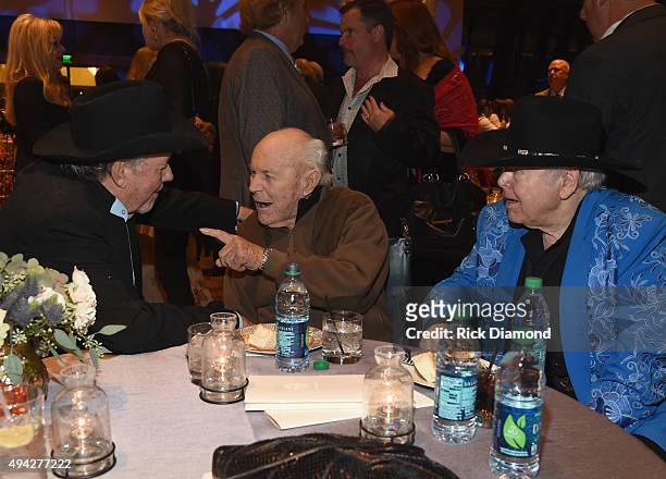 Singer/.Songwriter Bobby Bare, General Chuck Yeager and Singer/Songwriter Roy Clark attend The Country Music Hall of Fame 2015 Medallion Ceremony at...