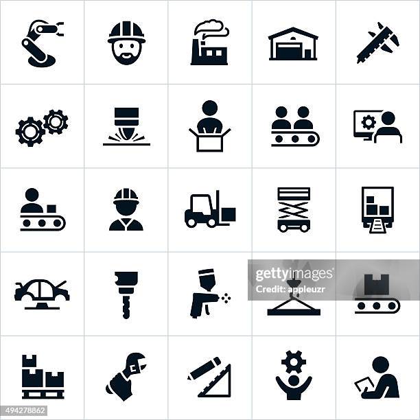 ilustraciones, imágenes clip art, dibujos animados e iconos de stock de iconos de fabricación - fabrica trabajador