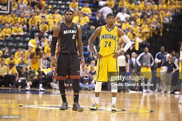 Playoffs: Indiana Pacers Paul George and Miami Heat LeBron James on court during Game 2 at Bankers Life Fieldhouse. Indianapolis, IN 5/20/2014...