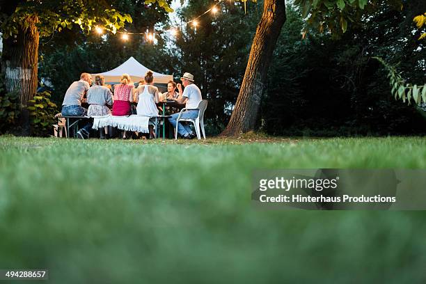 happy family dining in the garden - father son outdoor celebration stock-fotos und bilder