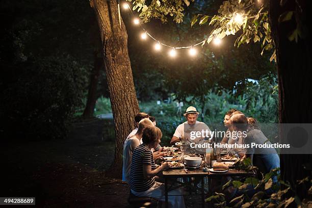 family dinner at the garden - garden lighting foto e immagini stock