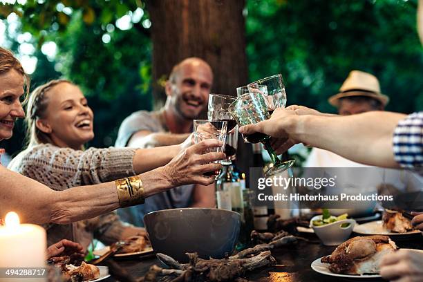 family celebrating garden party - celebratory toast stock pictures, royalty-free photos & images