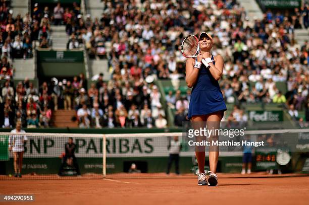 Kristina Mladenovic of France celebrates victory during her women's singles match against Alison Riske of the United States on day five of the French...