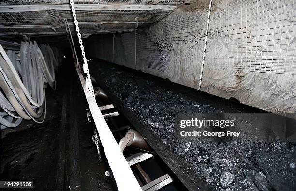 Conveyor belt transports tons of coal to the surface at the Sufco Coal Mine, 30 miles east of Salina, Utah on May 28, 2014. The Sufco mine produces...