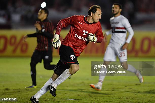 Rogerio Ceni of Sao Paulo celebrates a scored goal against Sao Paulo during a match between Atletico PR and Sao Paulo as part of Brasileirao Series A...