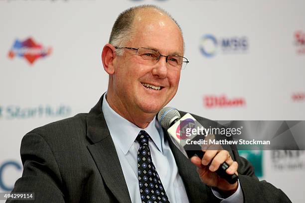 Of the WTA Steve Simon speaks at a press conference during the BNP Paribas WTA Finals at Singapore Sports Hub on October 26, 2015 in Singapore.