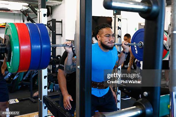 Maa Nonu of the All Blacks squats during a New Zealand All Blacks training session at London Irish on October 26, 2015 in Bagshot, United Kingdom.