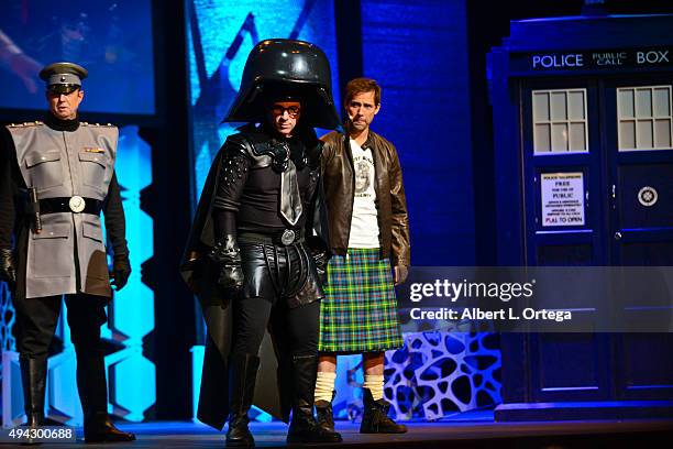 Host Andrew Bowen with Bernie Bregman as Dark Helmet from 'Spaceballs' on stage at the 3rd Annual Geekie Awards held at Club Nokia on October 15,...