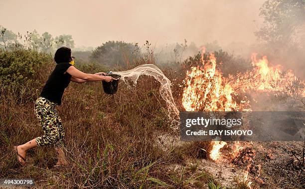 Villager tries to extinguish a peatland fire on the outskirts of Palangkaraya city, Central Kalimantan on October 26, 2015. For nearly two months,...