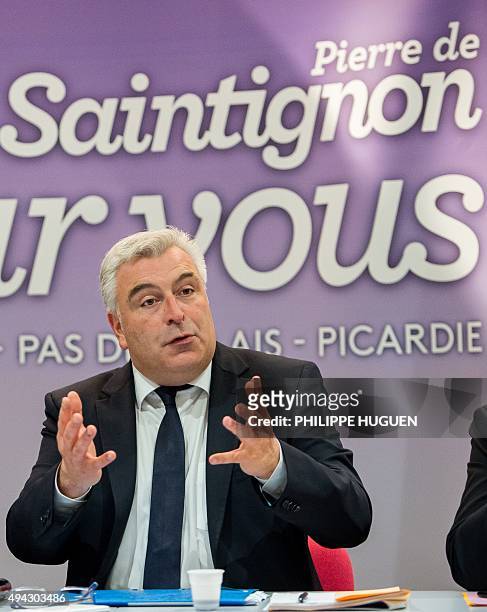 Socialist Party Pas-de-Calais chief candidate Fréderic Cuvillier speaks during a meeting on campaign strategy on October 26, 2015 at the PS...