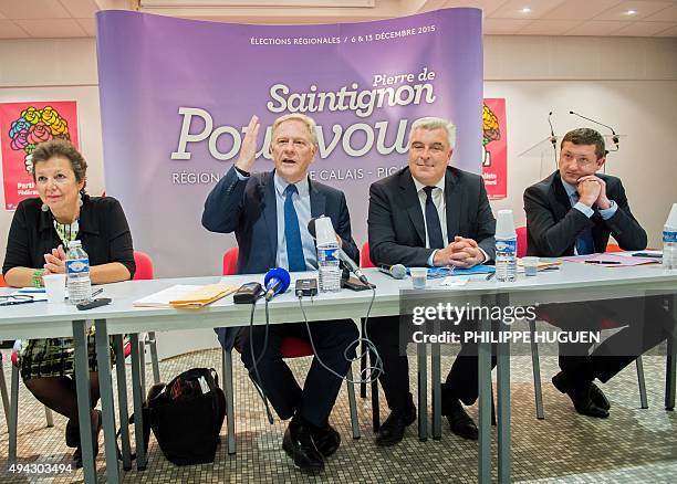 Socialist Party candidate in regional elections for the Nord-Pas-de-Calais Picardie regions Pierre de Saintignon , accompanied by PS Pas-de-Calais...