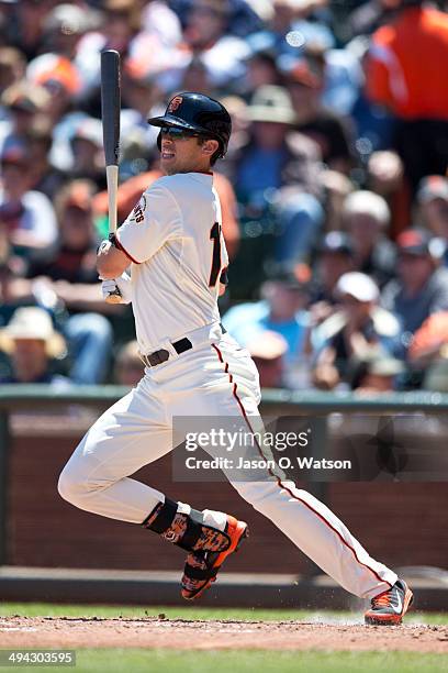 Tyler Colvin of the San Francisco Giants at bat against the Miami Marlins during the third inning at AT&T Park on May 18, 2014 in San Francisco,...