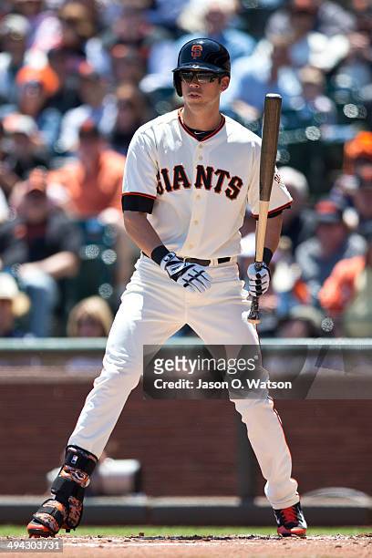 Tyler Colvin of the San Francisco Giants at bat against the Miami Marlins during the first inning at AT&T Park on May 18, 2014 in San Francisco,...