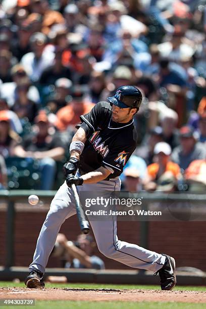 Garrett Jones of the Miami Marlins at bat against the San Francisco Giants during the second inning at AT&T Park on May 18, 2014 in San Francisco,...