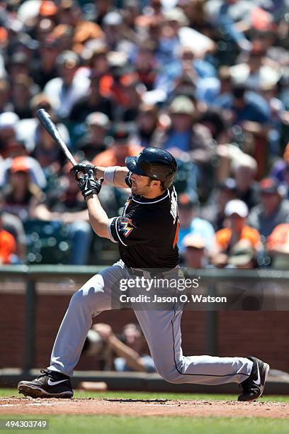 Garrett Jones of the Miami Marlins at bat against the San Francisco Giants during the second inning at AT&T Park on May 18, 2014 in San Francisco,...