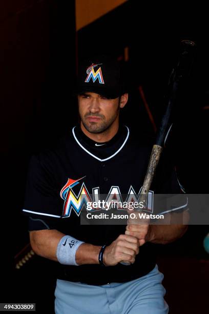 Garrett Jones of the Miami Marlins enters the dugout before the game against the San Francisco Giants at AT&T Park on May 18, 2014 in San Francisco,...