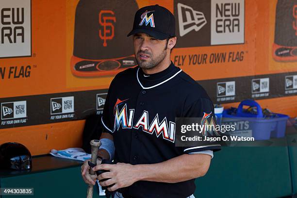 Garrett Jones of the Miami Marlins stands in the dugout before the game against the San Francisco Giants at AT&T Park on May 18, 2014 in San...